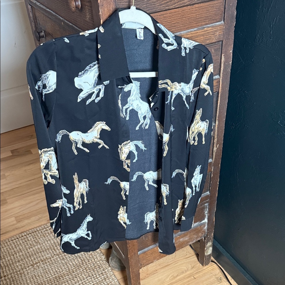 Black Button-Up Shirt with Horse Print